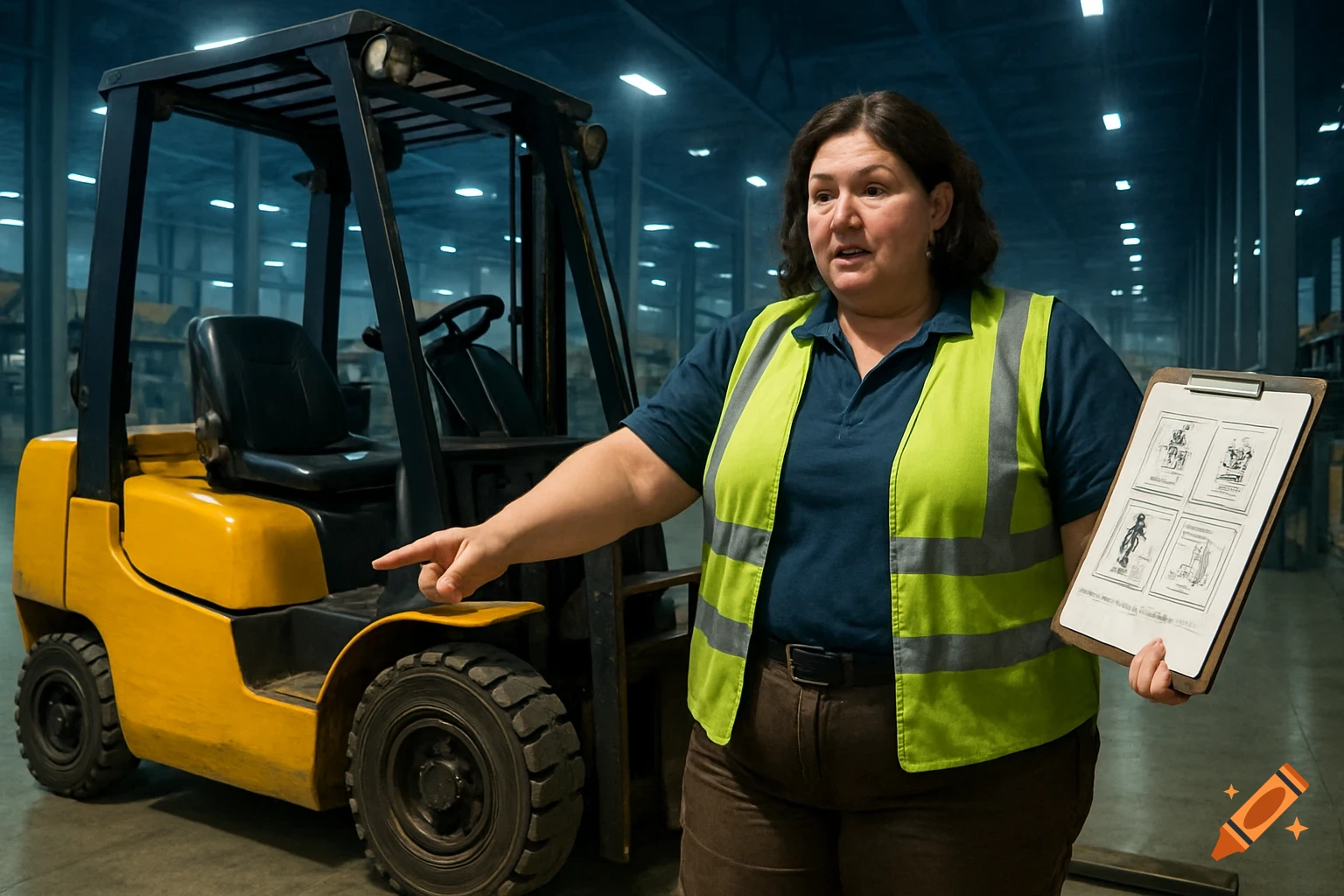 A woman in a safety vest stands next to a yellow forklift in a warehouse, pointing at diagrams on a clipboard.