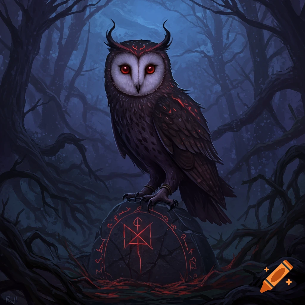 A horned owl with glowing red eyes sits on a rock inscribed with glowing red mystical symbols in a dark, misty forest.