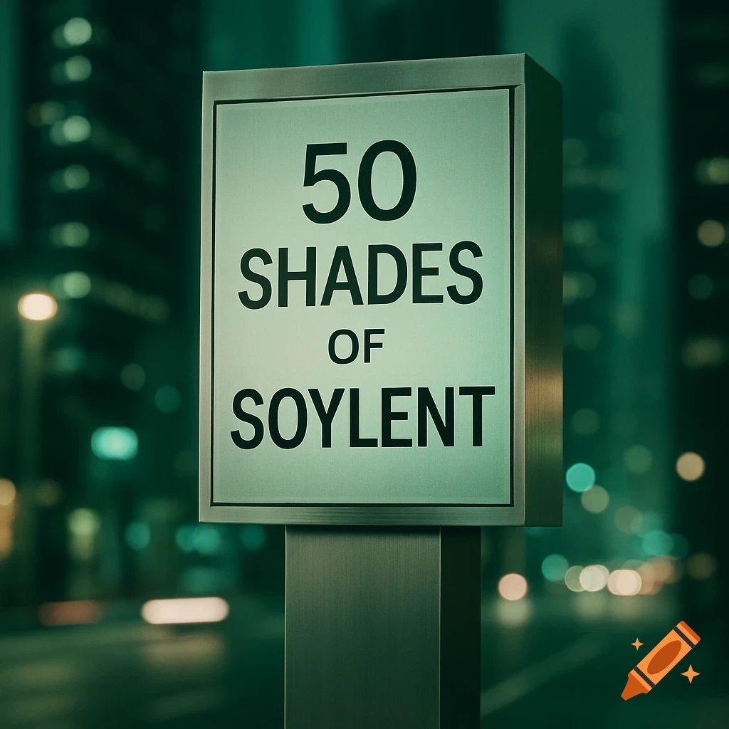 A photorealistic image of a sign at night in an urban setting, displaying the text '50 SHADES OF SOYLENT' with blurred city lights in the background.