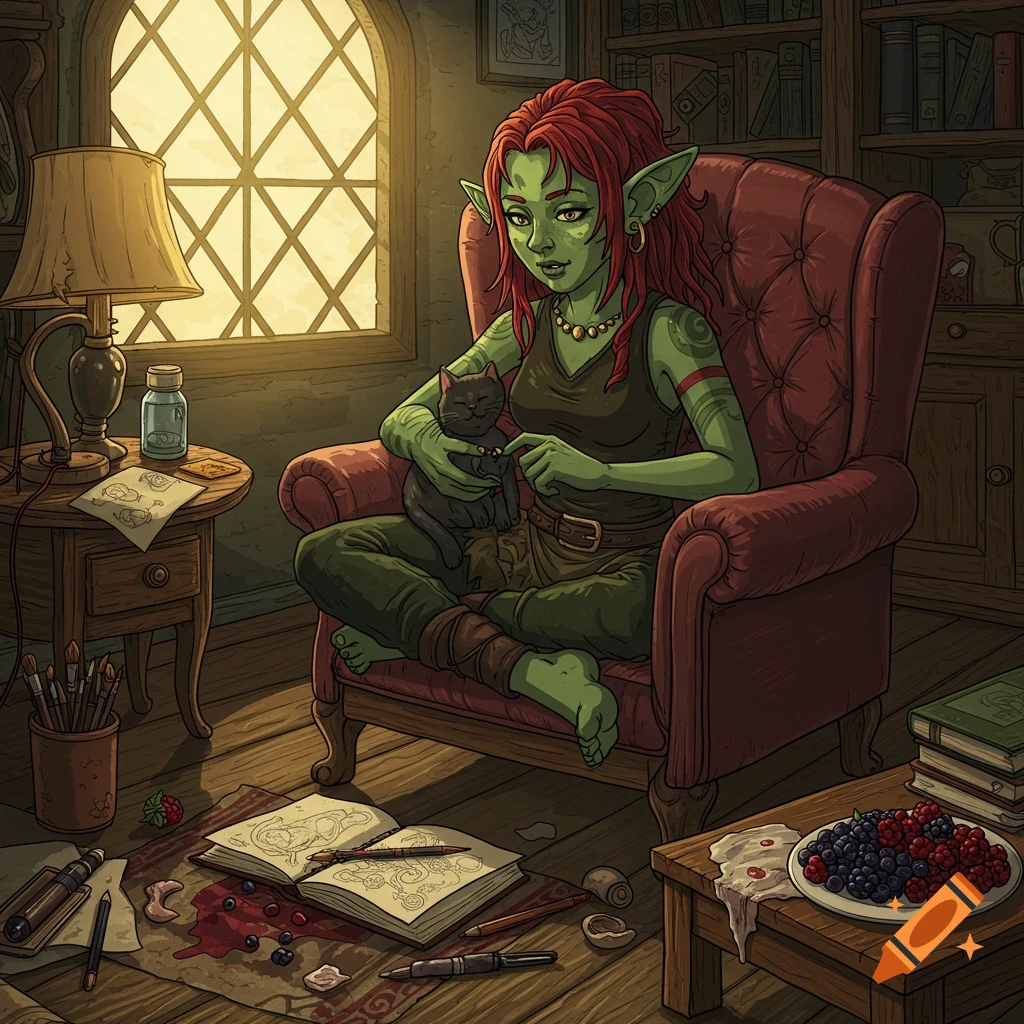 Green-skinned goblin woman with red hair petting a black cat in a cozy, cluttered room with art supplies, illustrated in graphic novel style.