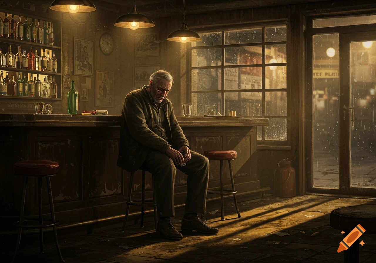 An old man sits alone at a dimly lit bar, looking sad, with a rainy street visible through the window.