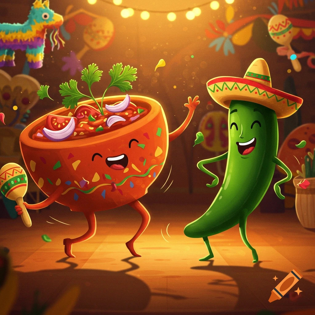 A cartoon salsa bowl and a jalapeno in a sombrero dance at a festive party with string lights and a pi Aata.