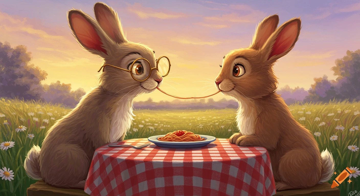 Two cartoon rabbits share a spaghetti noodle from a plate on a checkered picnic table in a field at sunset.