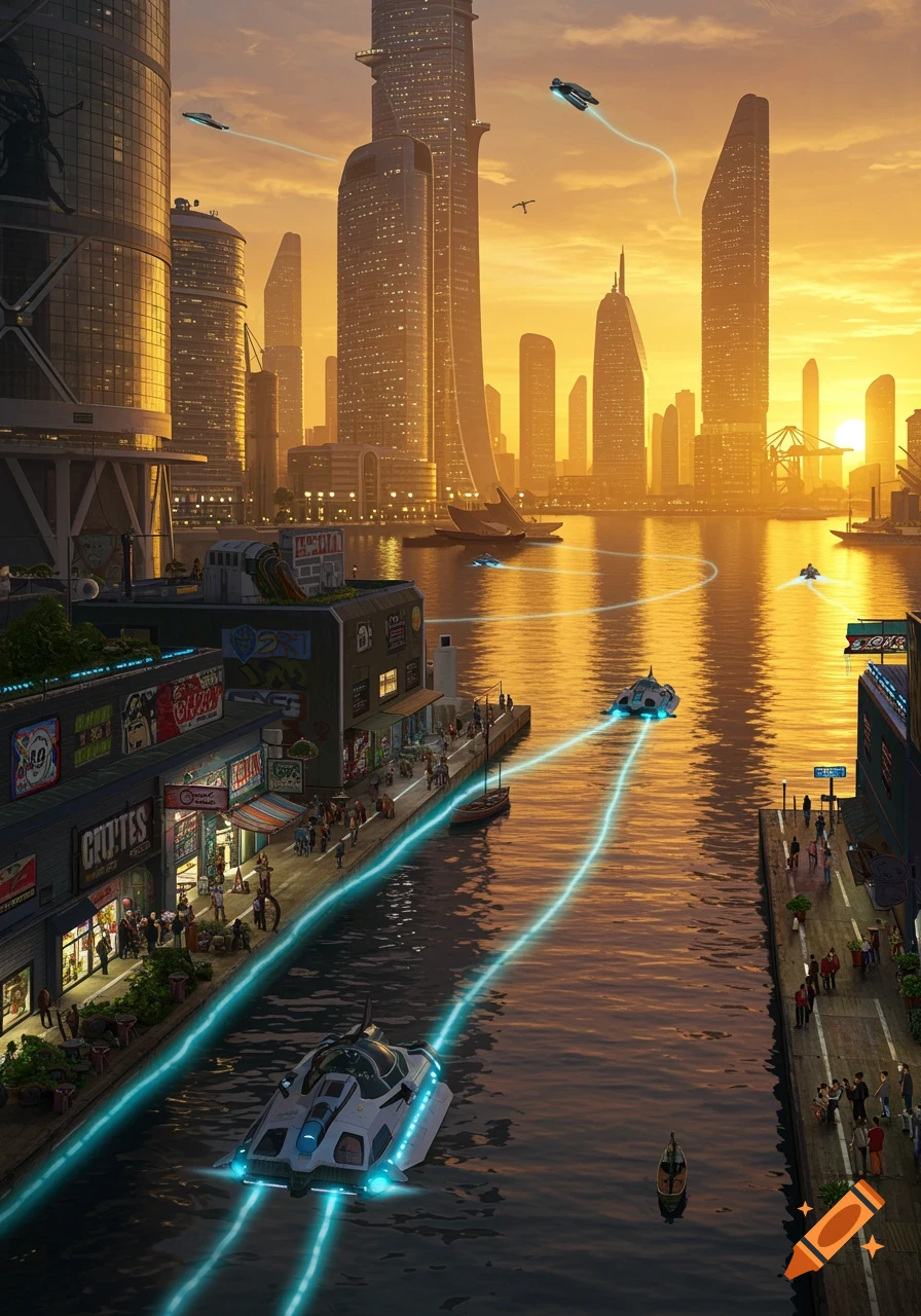A futuristic port city at sunset with towering skyscrapers, a bustling waterfront promenade, and flying and aquatic vehicles leaving glowing trails.