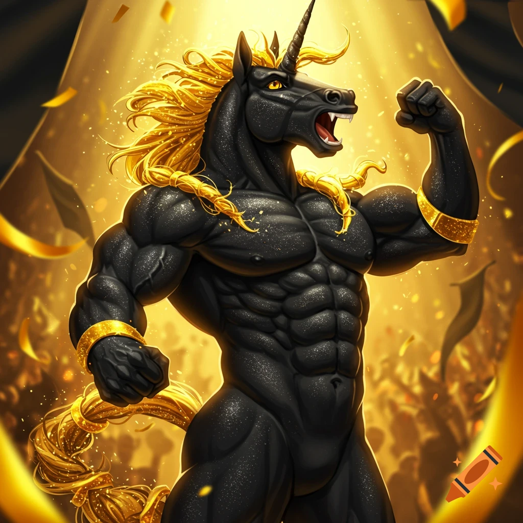 A muscular black unicorn with a golden mane and tail flexes its bicep, surrounded by golden confetti.