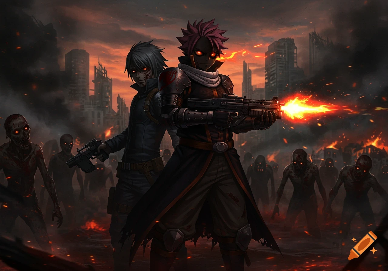 Anime-style characters, one with a black face and red eyes, fighting zombies in a fiery, destroyed city at dusk.
