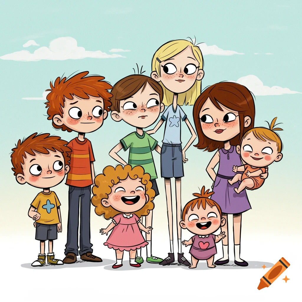 A group of diverse cartoon children, including boys with red hair, girls with blonde and brown hair, and a baby, standing together against a light blue sky.