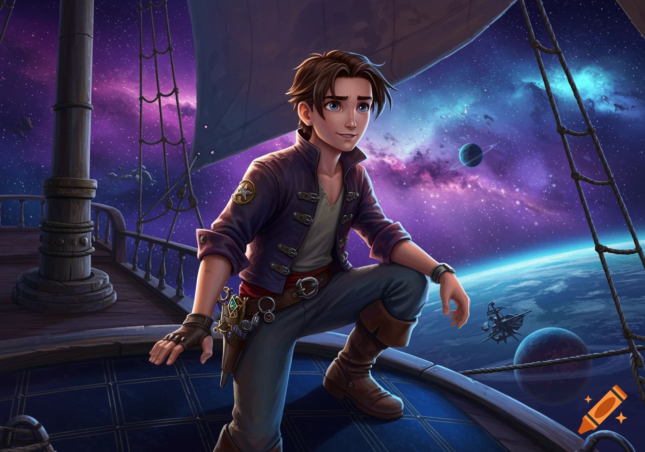 A young man in a blue jacket kneels on a space pirate ship, looking out at vibrant nebulae and distant planets in space.