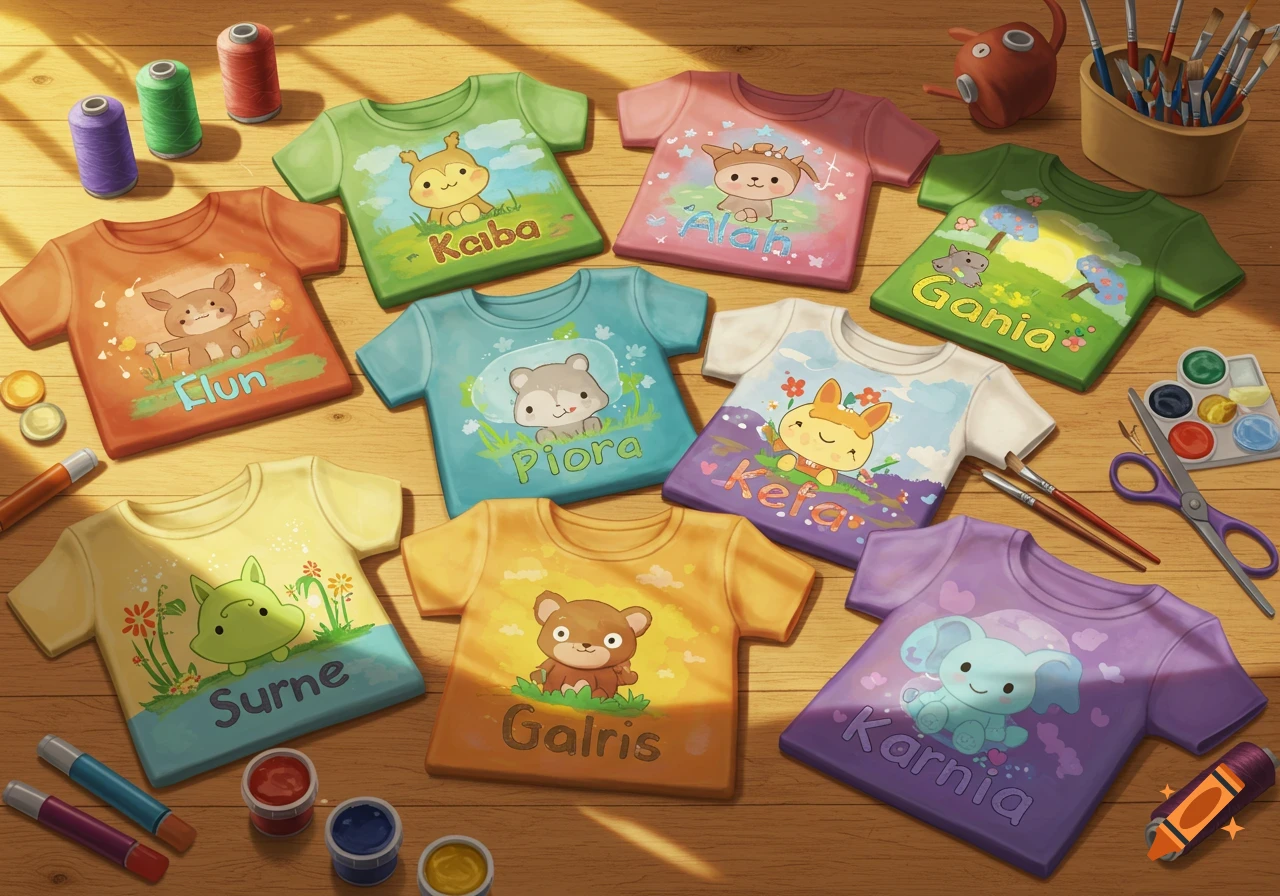 Colorful children's t-shirts with cartoon animals and names on a wooden floor, surrounded by crafting supplies.