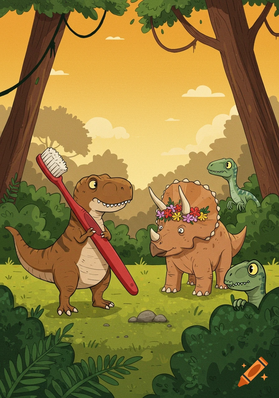 A cartoon T-Rex holds a giant red toothbrush, a Triceratops wears a flower crown, and raptors peek from jungle bushes.