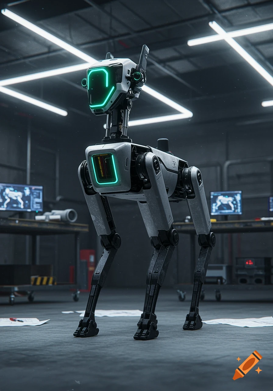 A photorealistic robotic dog, similar to Boston Dynamics, with glowing green screens on its head and chest, stands in a dimly lit tech lab.