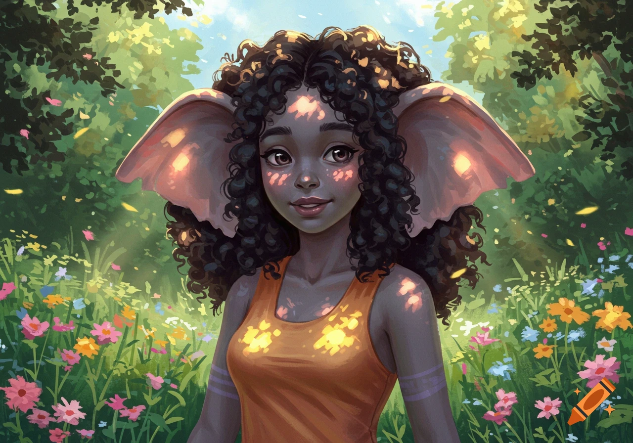 A stylized illustration of a dark-skinned woman with curly hair and large elephant ears, smiling in a lush, sunny field of colorful wildflowers.