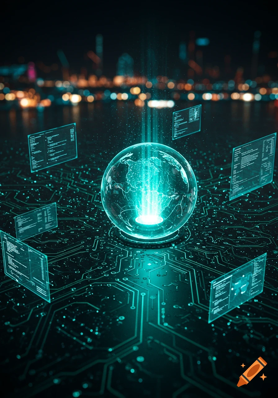 Glowing globe over circuit board with holographic screens and city lights at night.
