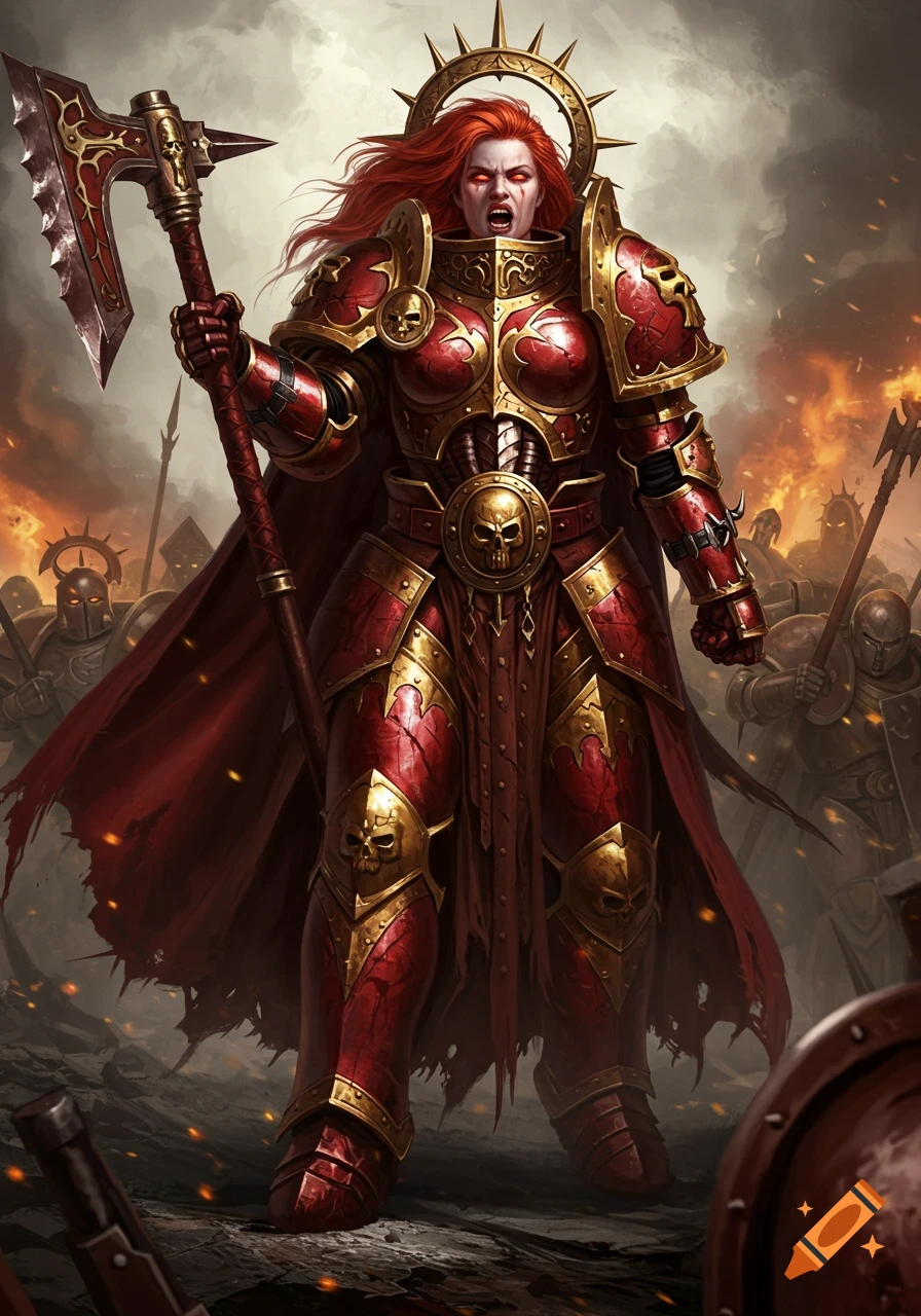 A fierce female warrior in ornate red and gold armor holds a large axe on a fiery battlefield. Other armored figures are in the background. Digital painting.