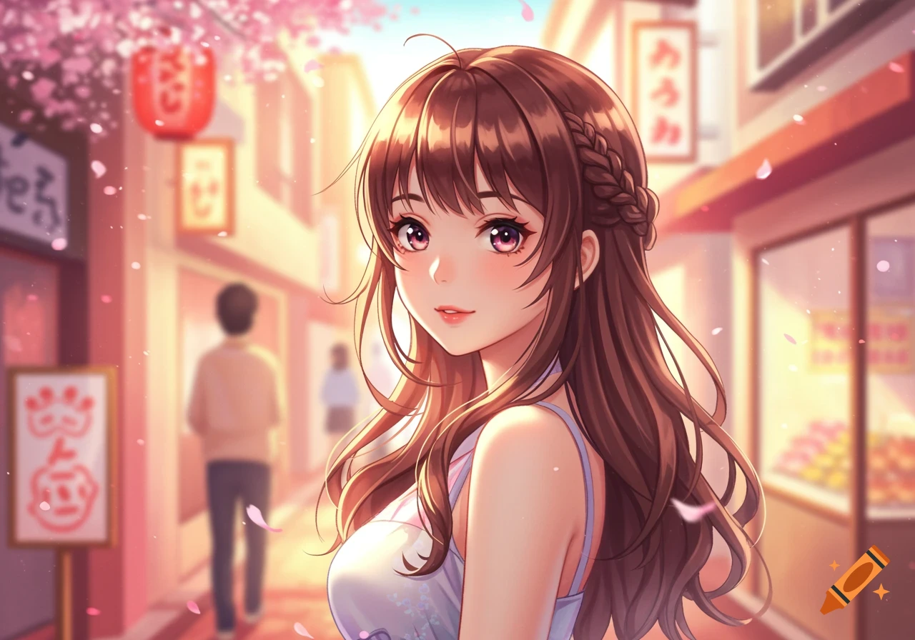An anime girl with long brown hair and pink eyes smiles slightly while looking over her shoulder, standing in a street with cherry blossoms falling.