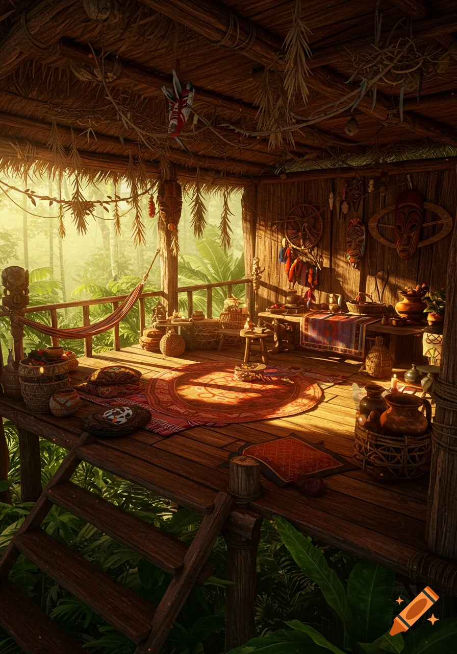 A richly detailed, sunlit stilt house interior filled with indigenous decor, overlooking a vibrant jungle.
