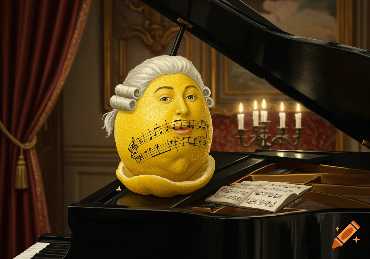 A yellow lemon with a powdered wig and human facial features sits at a grand piano, with musical notes on its face and an open sheet music book.