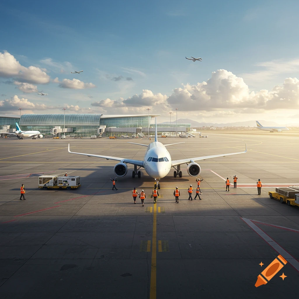 An airplane on an airport tarmac with ground crew, terminal buildings, and other aircraft under a sunny sky.