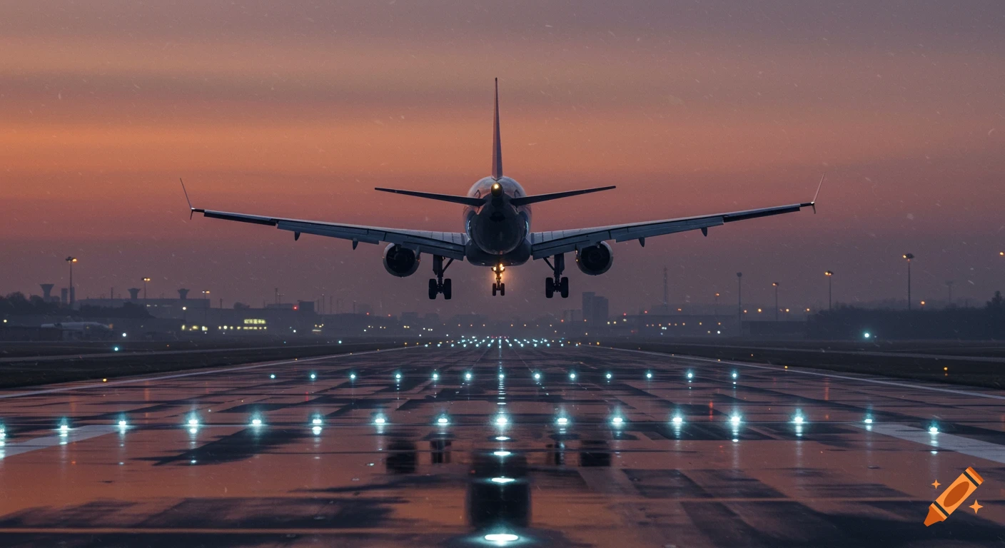 A large airplane lands on a wet runway with bright lights at sunset, viewed from behind.
