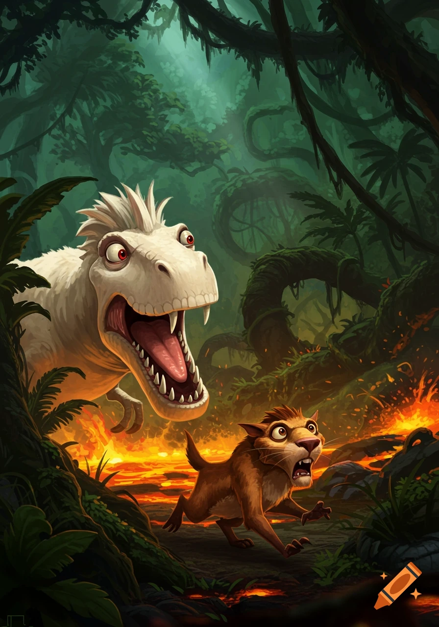 A white, spiky-haired dinosaur with red eyes roars, chasing a frightened brown sabre-toothed creature through a fiery jungle.
