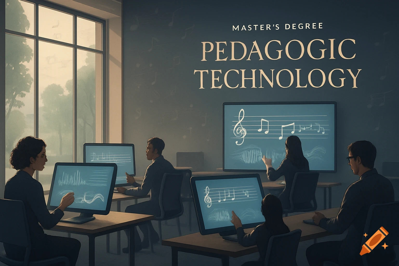 A classroom scene with students at computers. Text on the wall reads "MASTER'S DEGREE PEDAGOGIC TECHNOLOGY." Musical notes are displayed on screens and subtly in the background.