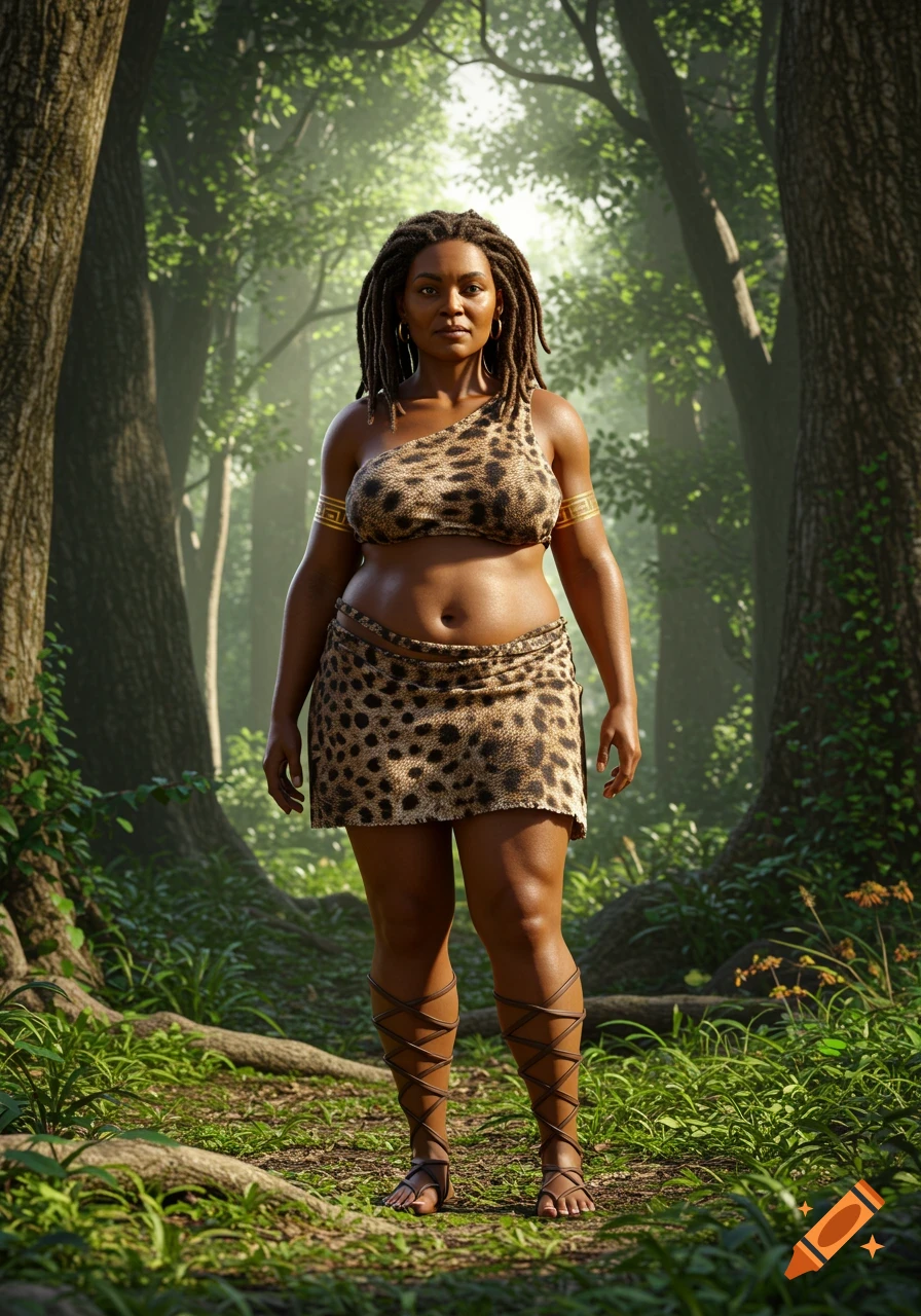 A confident woman with dreadlocks in an animal print toga and gladiator sandals stands in a lush, sunlit forest.