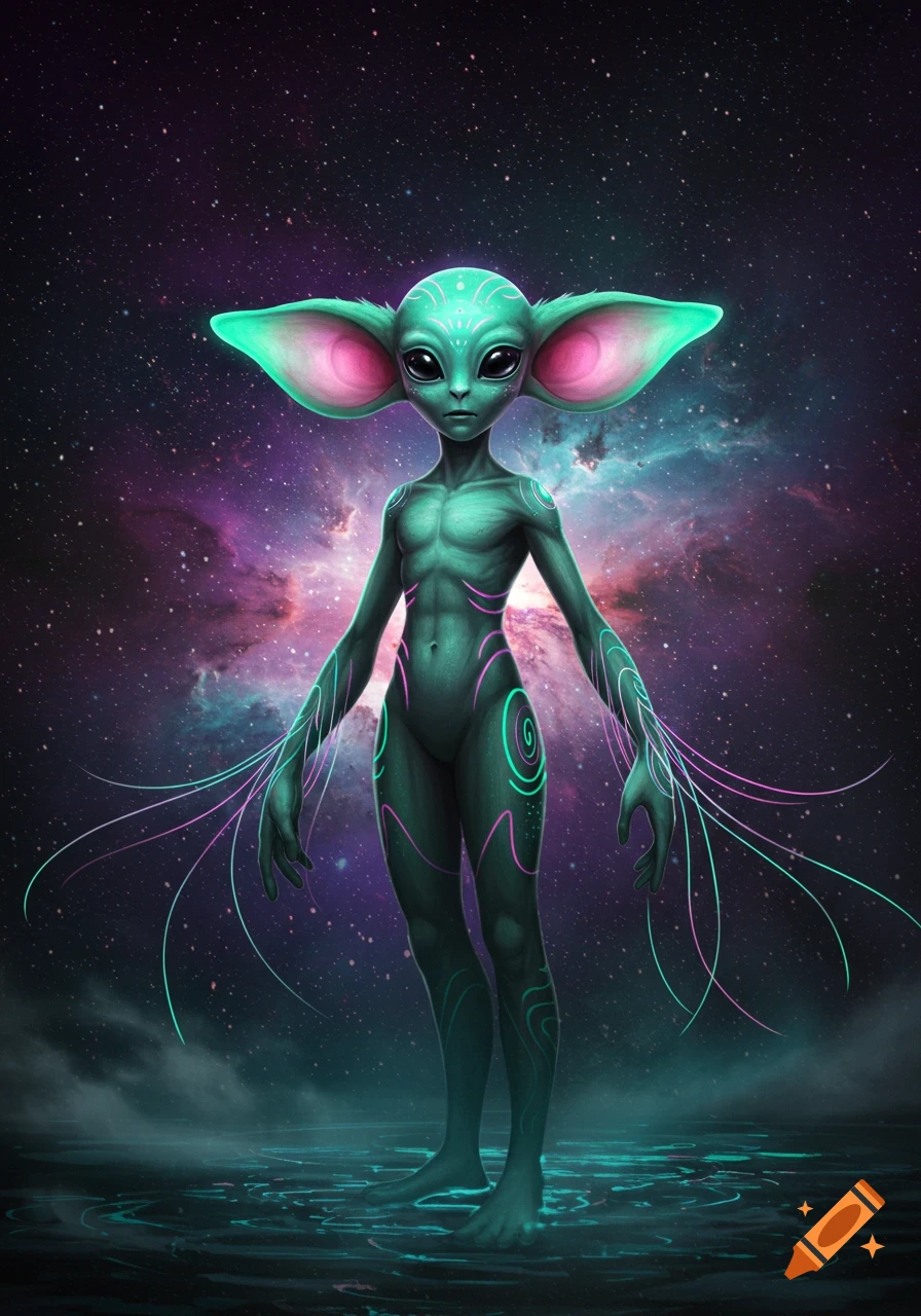 A teal-skinned alien creature with large pink-lined ears and glowing markings stands in a pool of water against a vibrant nebula sky.