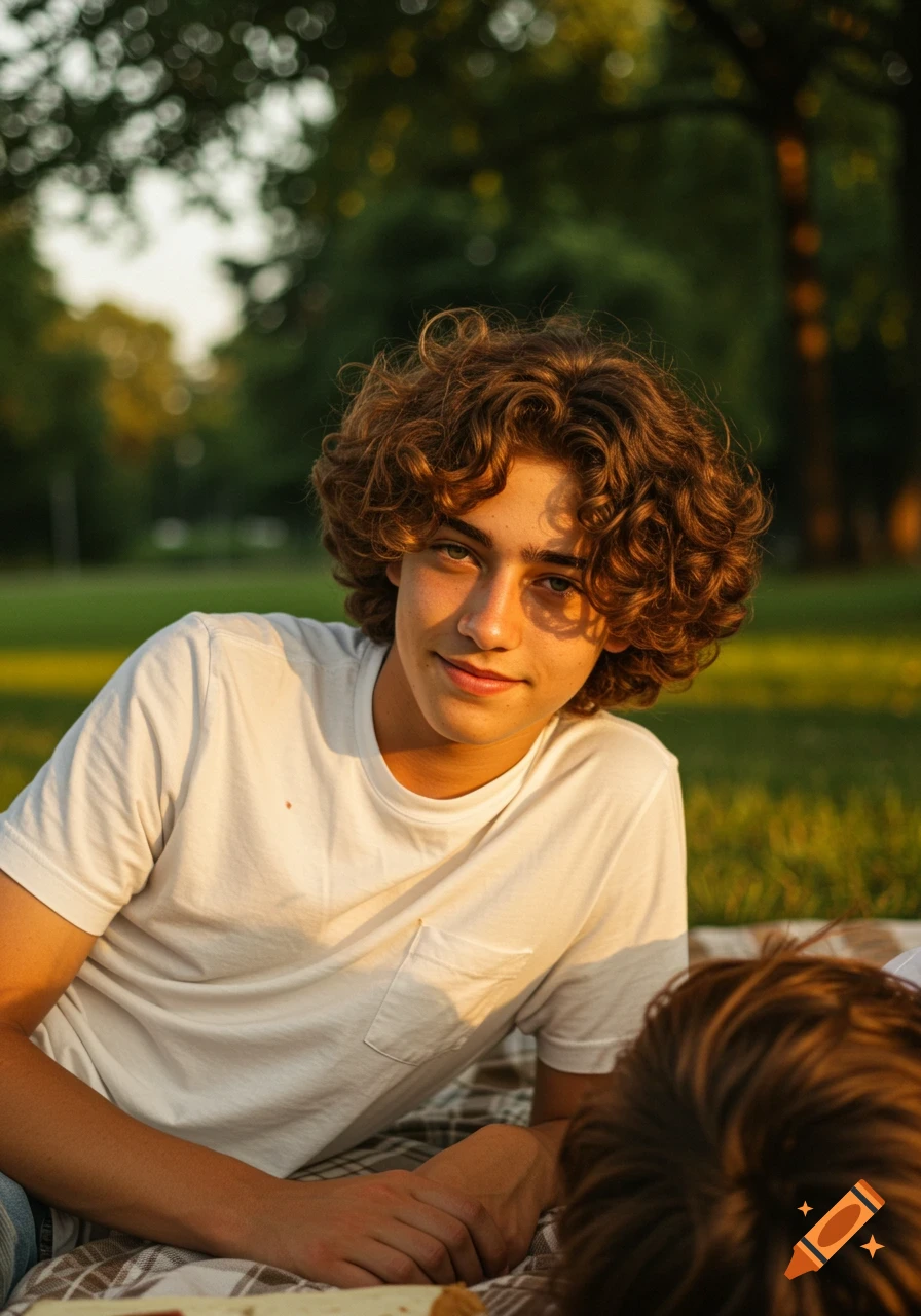 A photorealistic teenage boy with curly brown hair lies on a blanket in a park, smiling at the camera during golden hour.