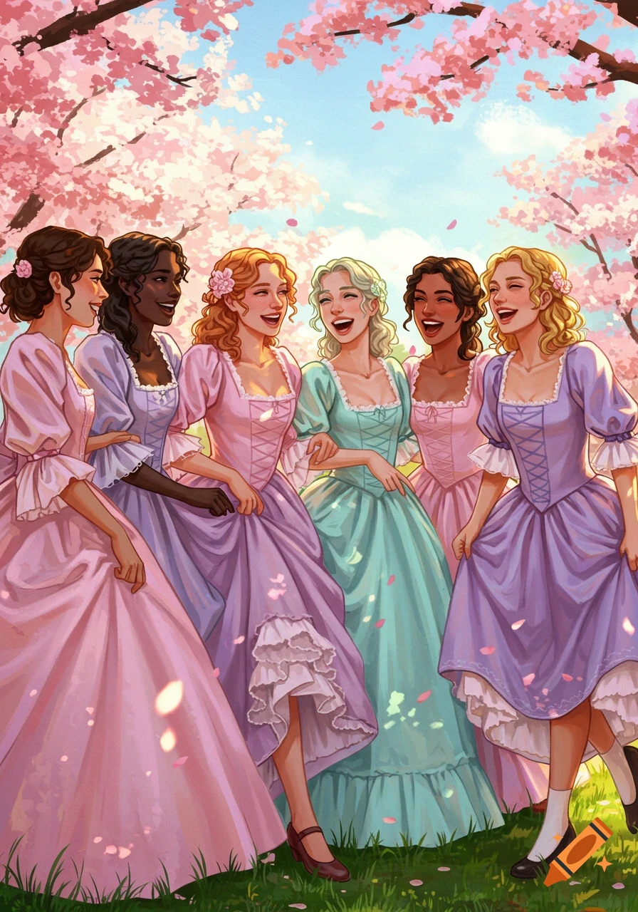 Six smiling women in colorful historical-style dresses laugh outdoors under blooming cherry blossom trees in a vibrant illustration.