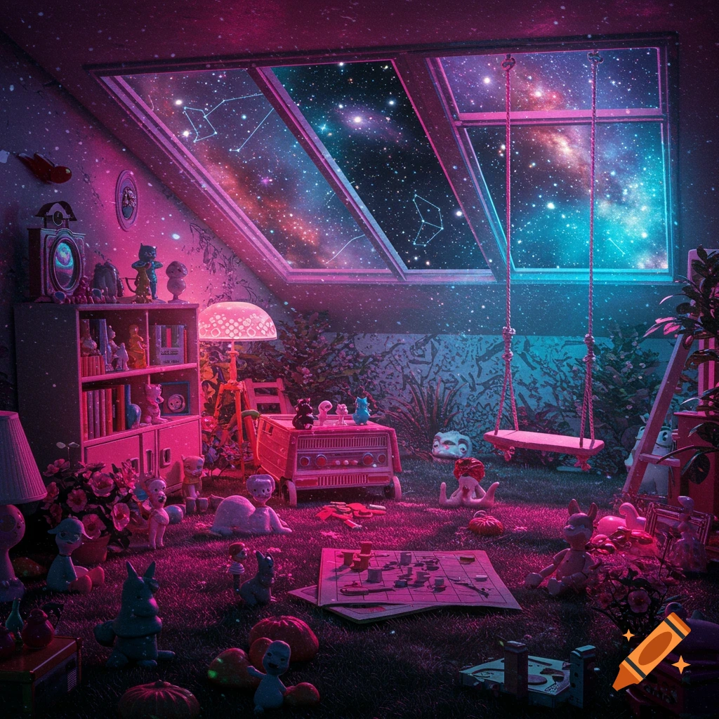 A surreal playroom with pink and blue lighting, figurines, and a ceiling window looking out into a vibrant galaxy with constellations. The floor is grass.