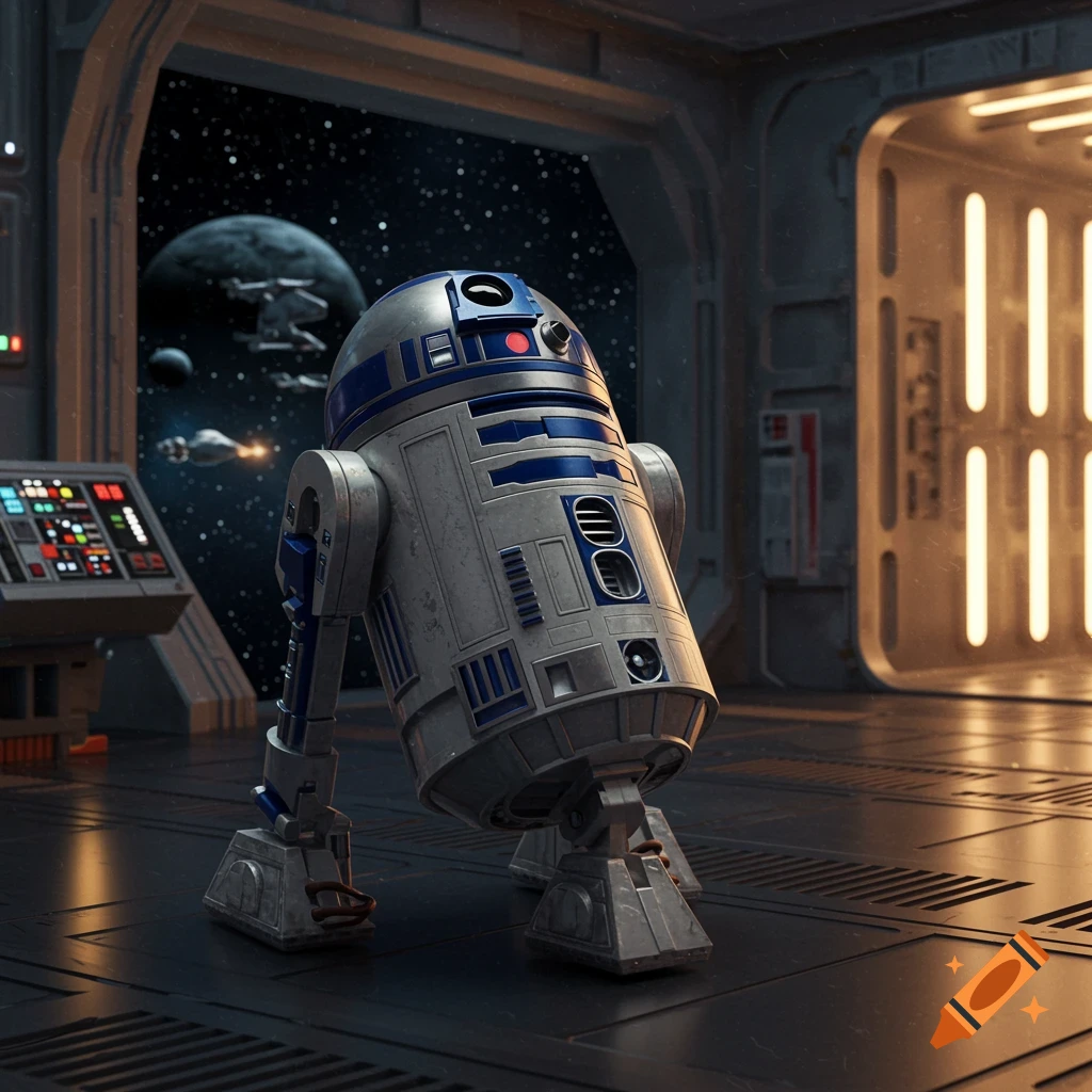 R2-D2 stands inside a spaceship, gazing out a large window at planets and other spacecraft in the vastness of space.
