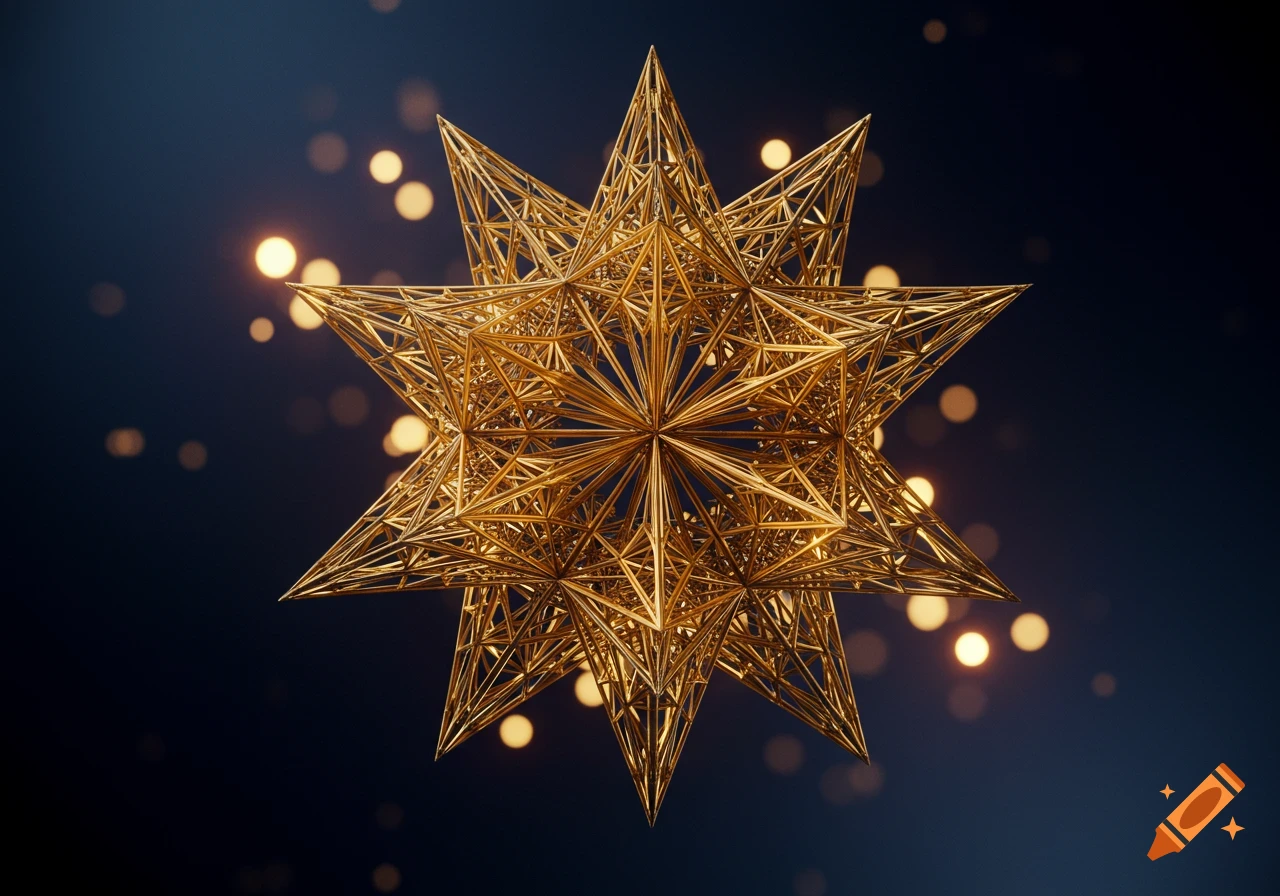 A golden, intricate 3D geometric star composed of thin lines on a dark, bokeh-lit background.