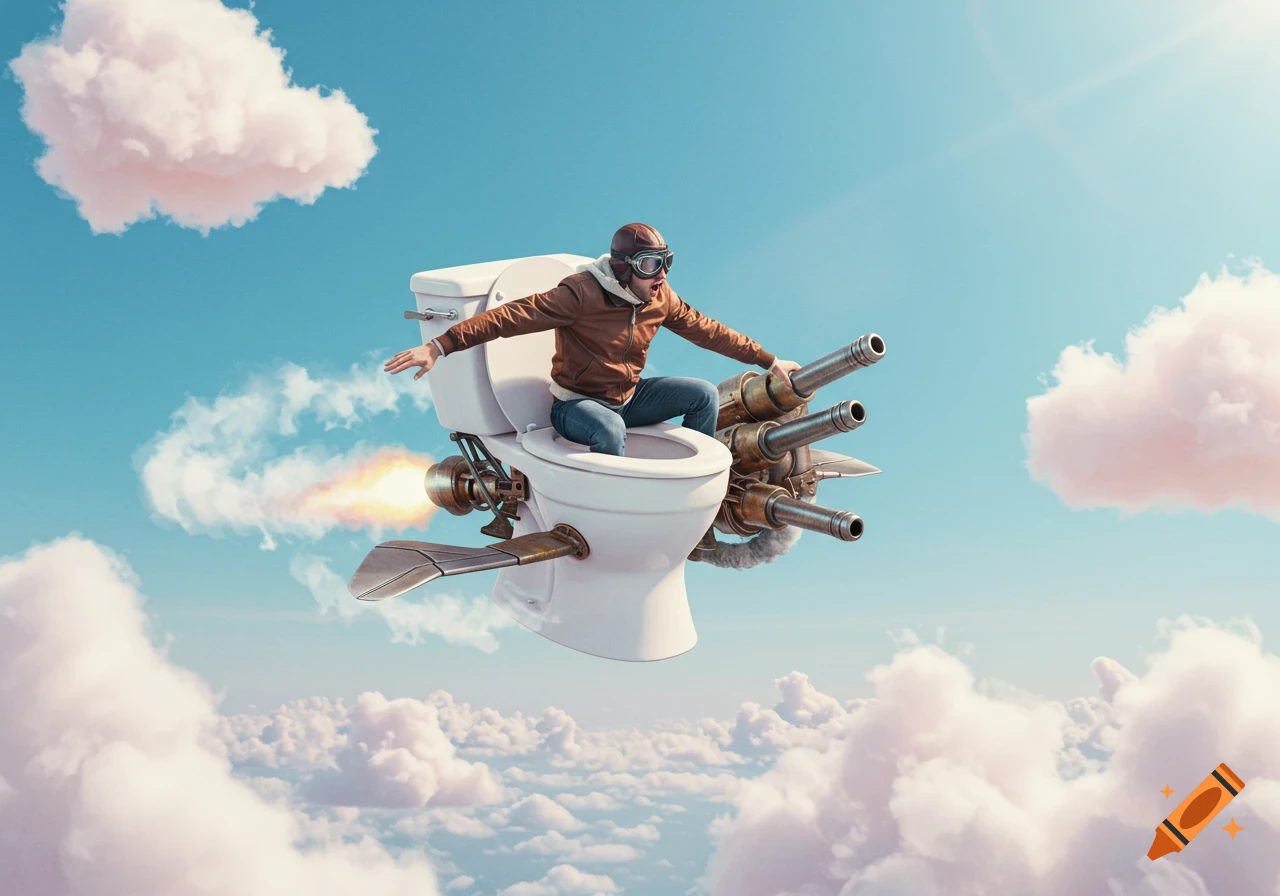 A man in a pilot helmet and goggles rides a flying toilet equipped with cannons and a jet engine, soaring through a blue sky with clouds.