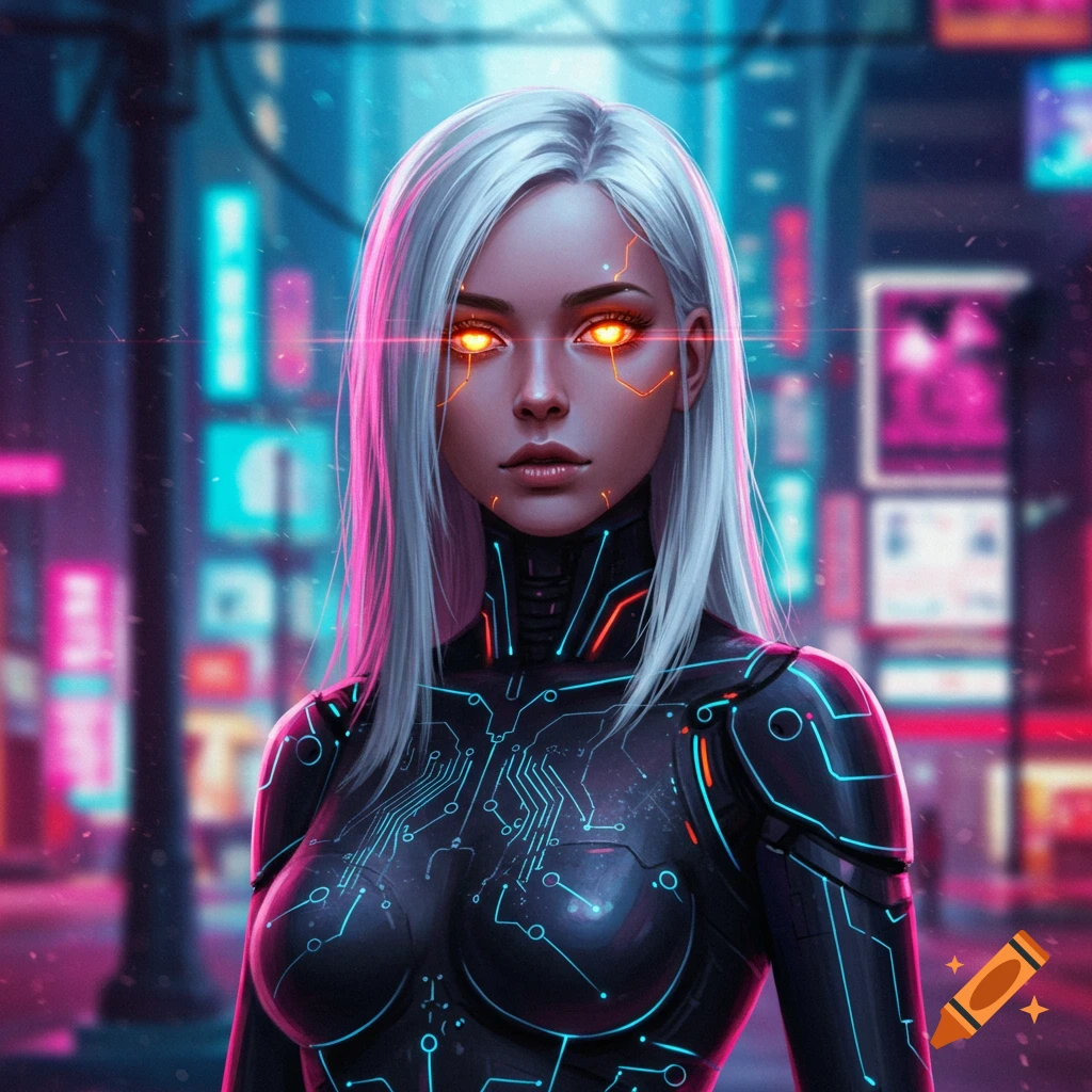 A cyberpunk woman with long white hair, glowing orange eyes, and circuit patterns on her dark suit, against a neon city background.