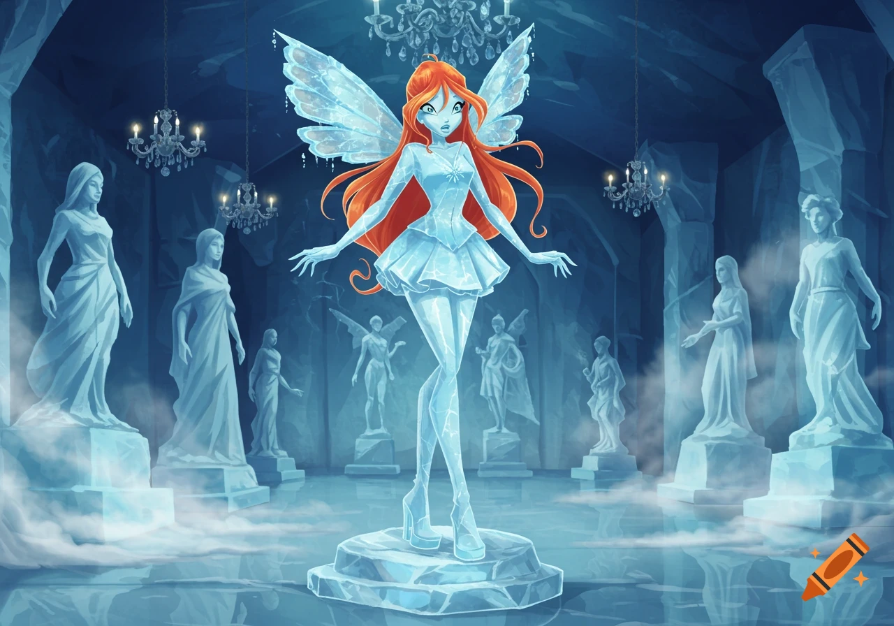 Anime-style ice statue of Bloom from Winx Club with a surprised look in an ice museum with chandeliers and other statues.