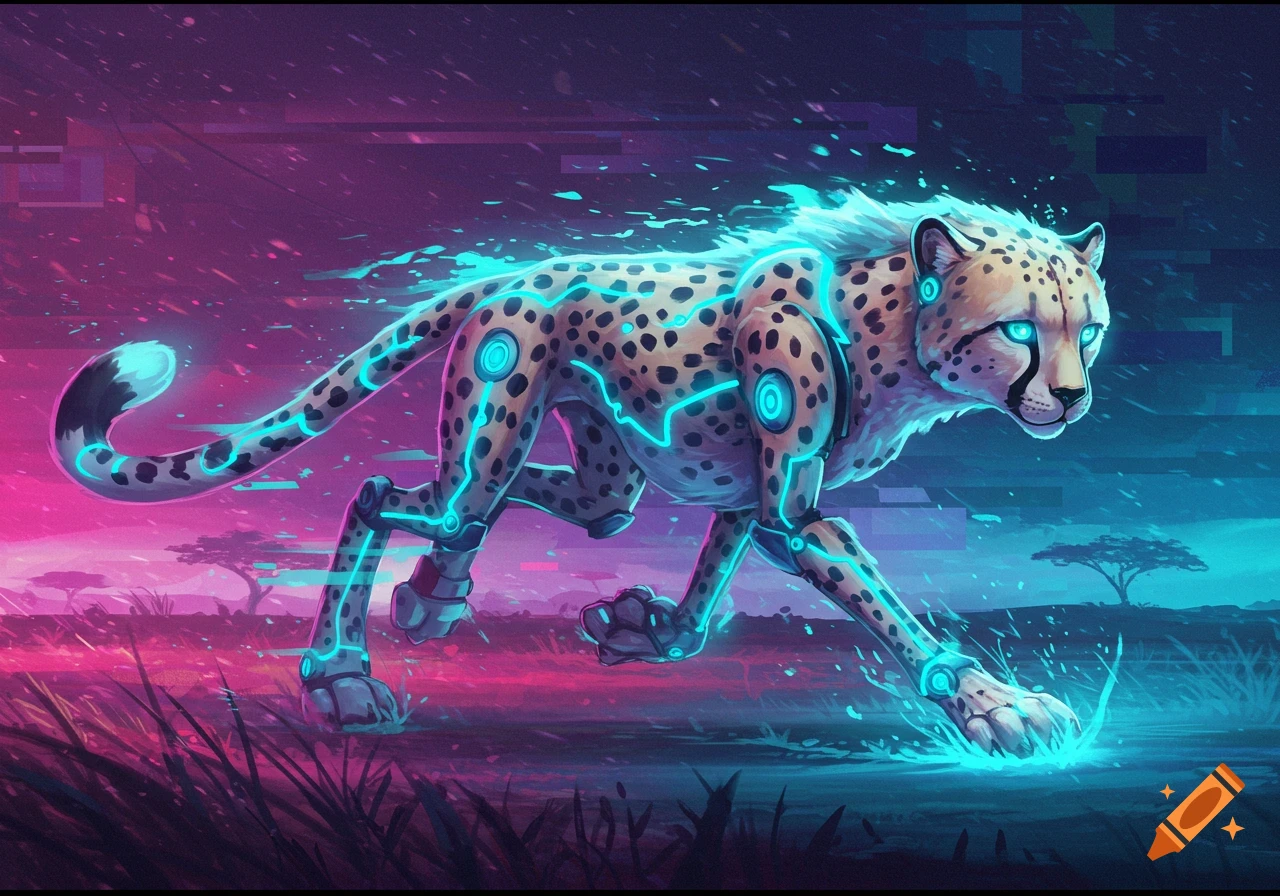 A futuristic cheetah with glowing neon blue cybernetic lines running through a vibrant pink and blue landscape, digital art.