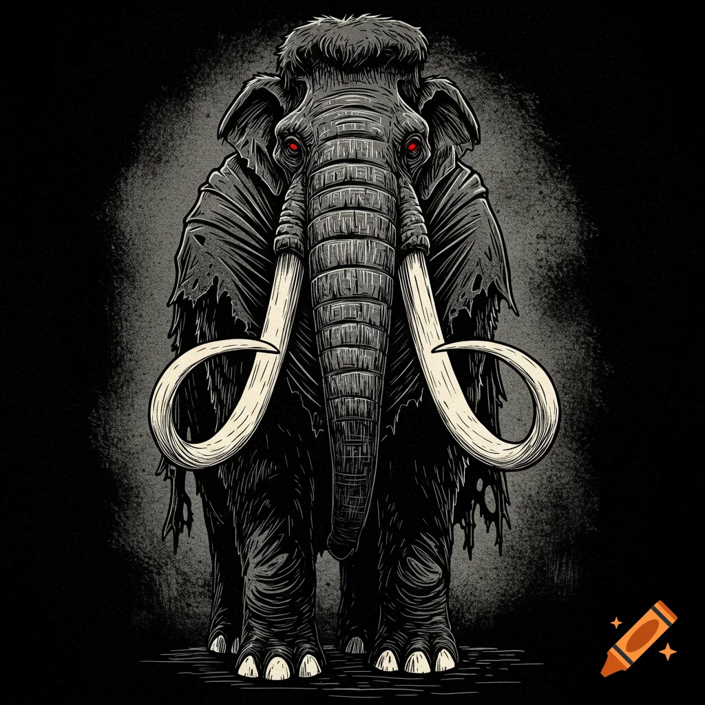 Dark woodcut illustration of a fearsome woolly mammoth with red eyes and large tusks, wearing a tattered cloak.