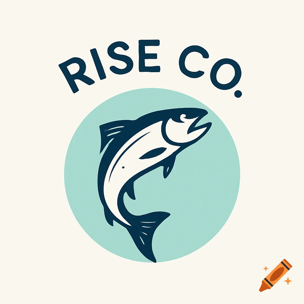 A simple logo for Rise Co. featuring a leaping fish in a light blue circle on an off-white background.