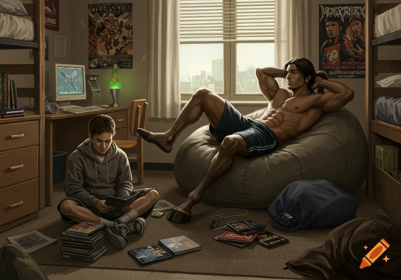 A centaur lounges on a beanbag chair while his human roommate sits on the floor, reading in a college dorm room.