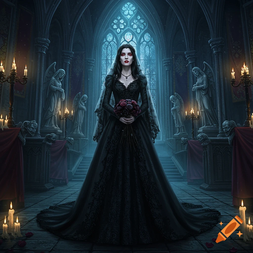 A pale vampire bride in a black gown holds a bouquet in a dark, candlelit gothic castle.