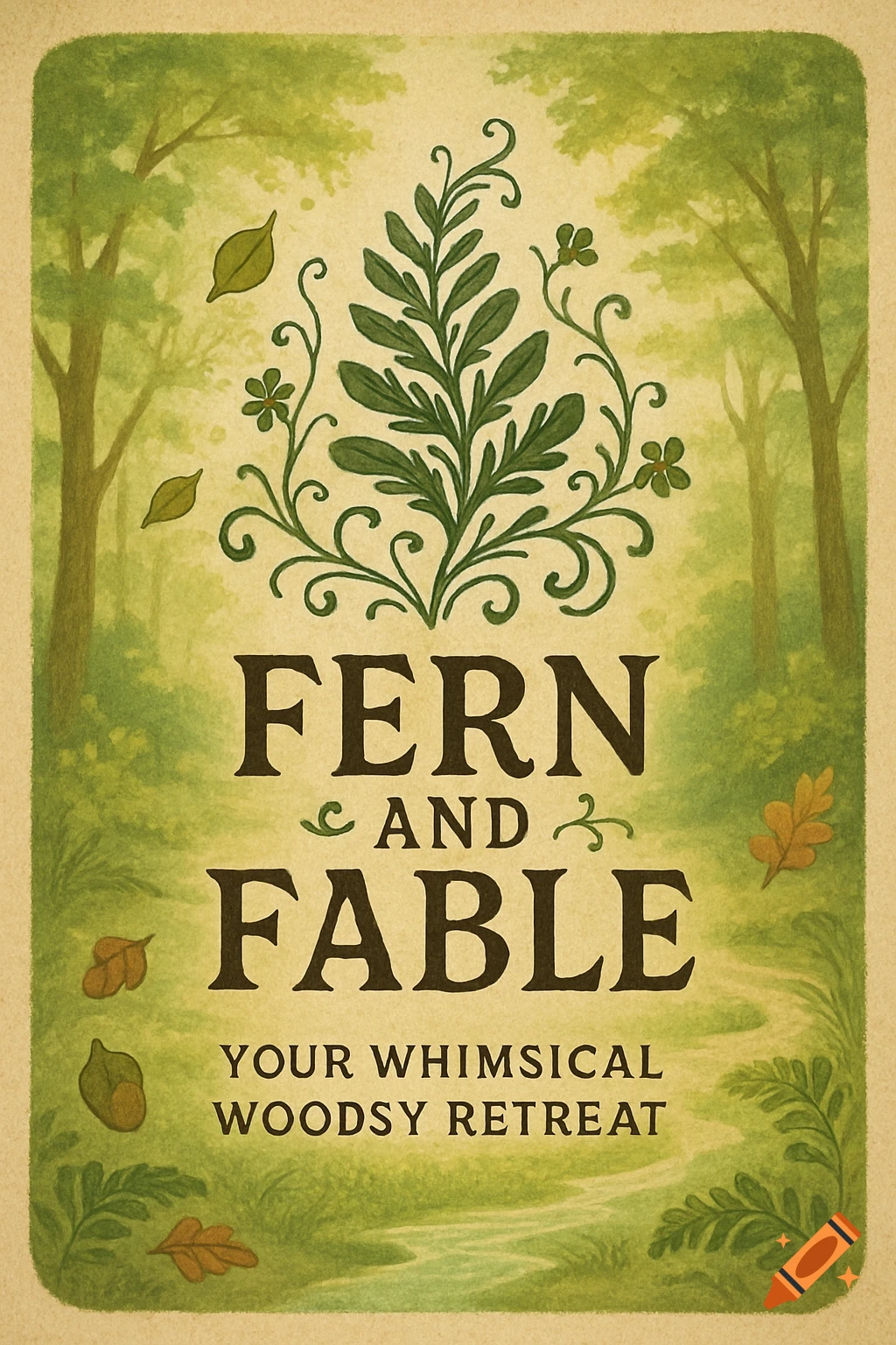 A whimsical, vertical poster for 'Fern and Fable' cafe, featuring a green forest background, a decorative fern, and rustic text.