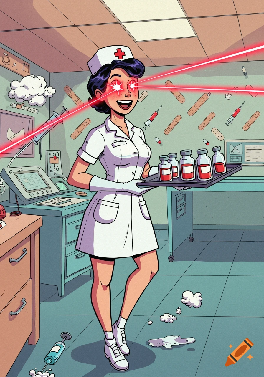 A smiling cartoon nurse with red laser eyes holds a tray of bottles in a medical room.
