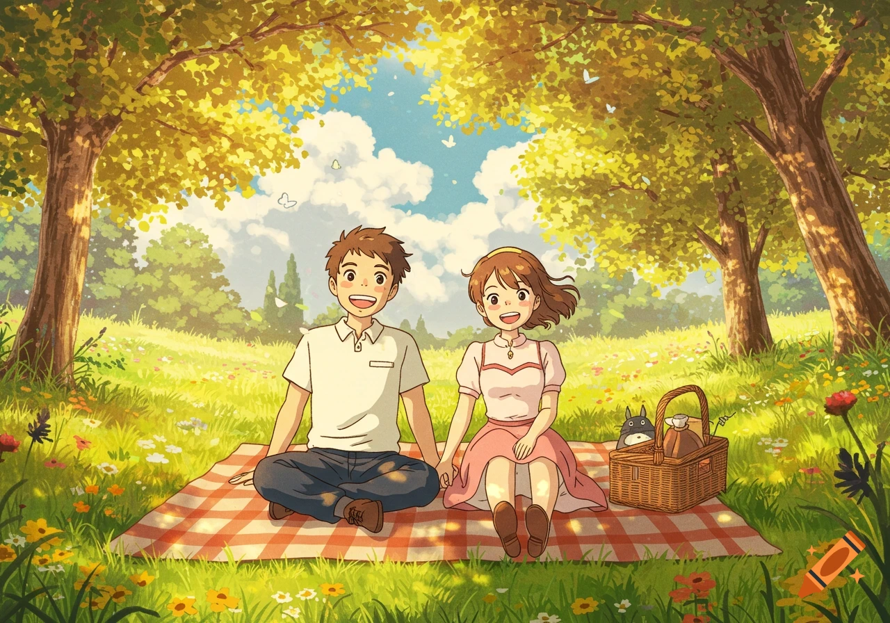 A smiling cartoon couple in Studio Ghibli style sits on a red and white checkered picnic blanket in a sunny park.