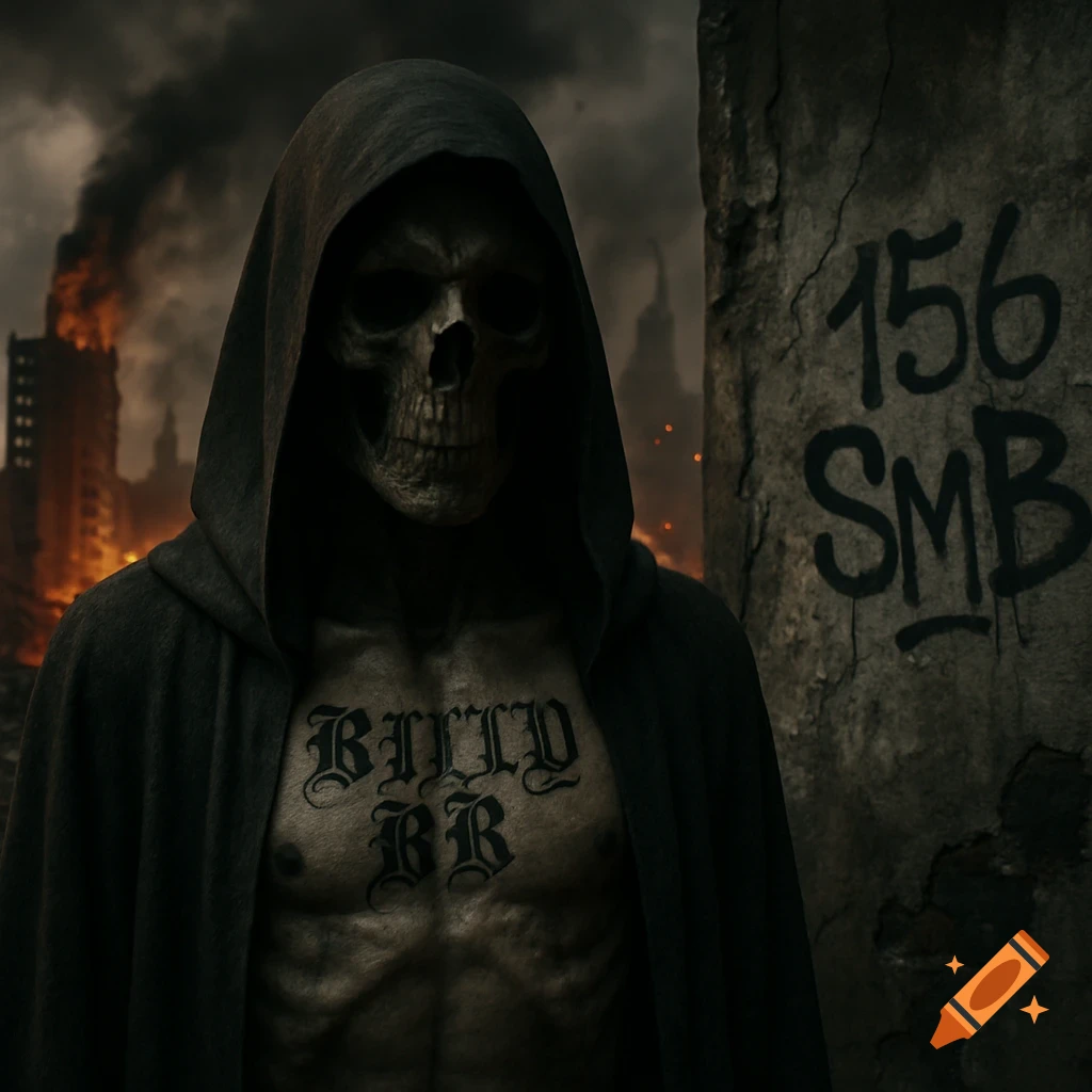 A dark hooded grim reaper with a skull face and a "BILLY BB" tattoo stands in a burning, ruined city with "156 SMB" graffiti on a wall.