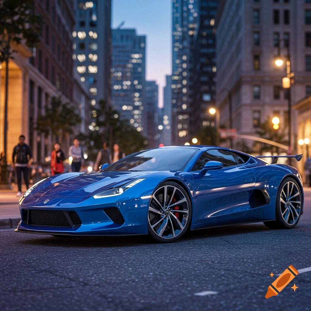 A sleek blue sports car parked on a city street at night, with blurred city lights in the background. Photorealistic style.