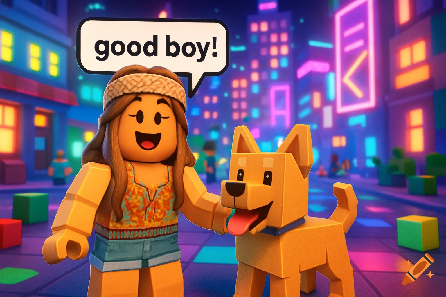 Roblox-style girl pets a blocky dog in a neon-lit city street at night, a speech bubble reads 'good boy!'.