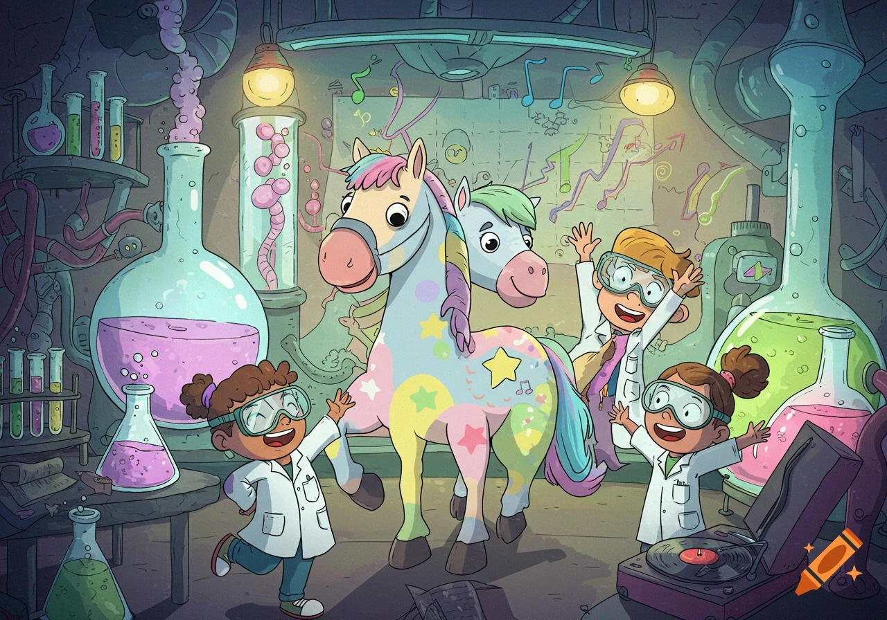 Cartoon of happy kids in a colorful science lab with a two-headed horse, beakers, and lab equipment.