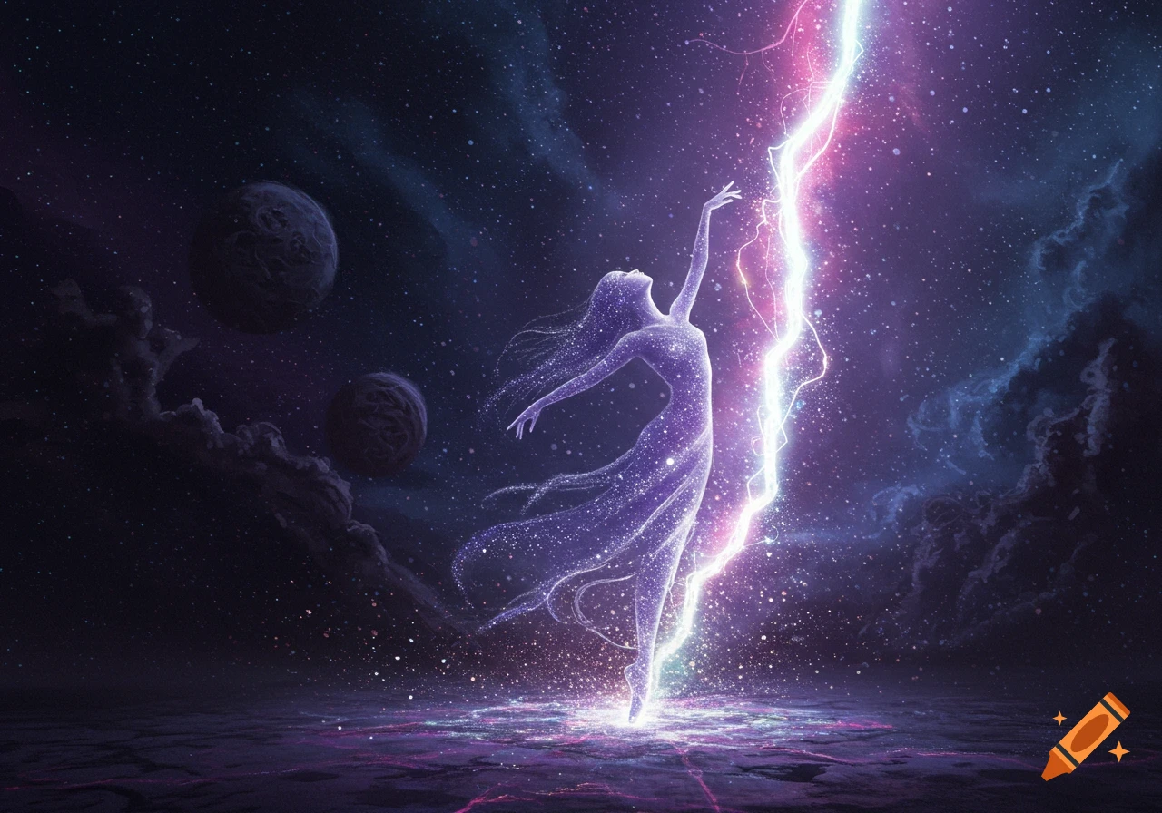 A glowing, ethereal dancer in a cosmic landscape with planets and a bolt of lightning.