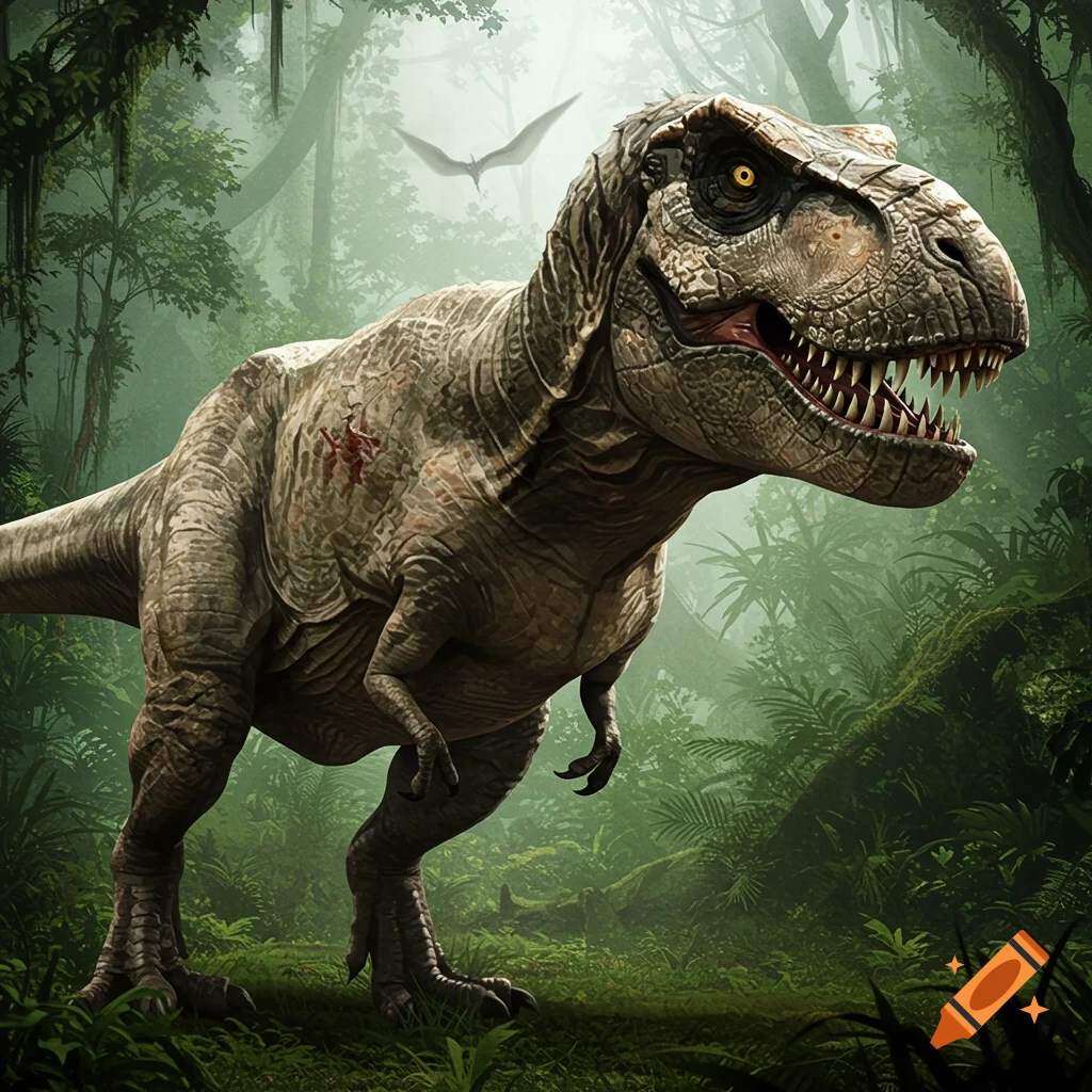 A powerful Tyrannosaurus Rex with battle scars in a lush, misty jungle, with a pterodactyl flying in the background.