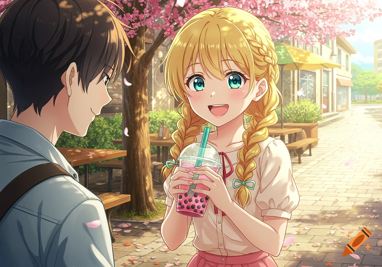 An anime girl with blonde braided hair holds a boba tea, smiling at a boy in a cherry blossom park.